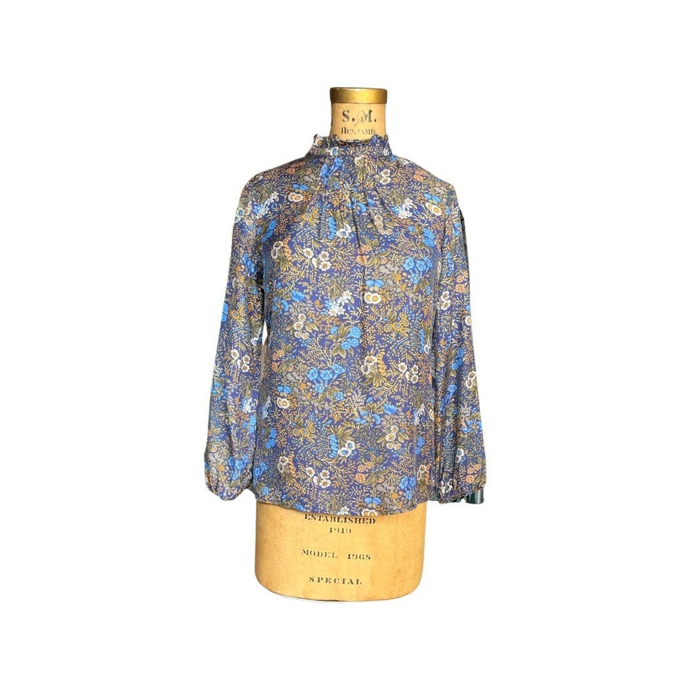 J. MCLAUGHLIN Silk Blouse High Neck Shirt Flower Detailed Top Floral Print